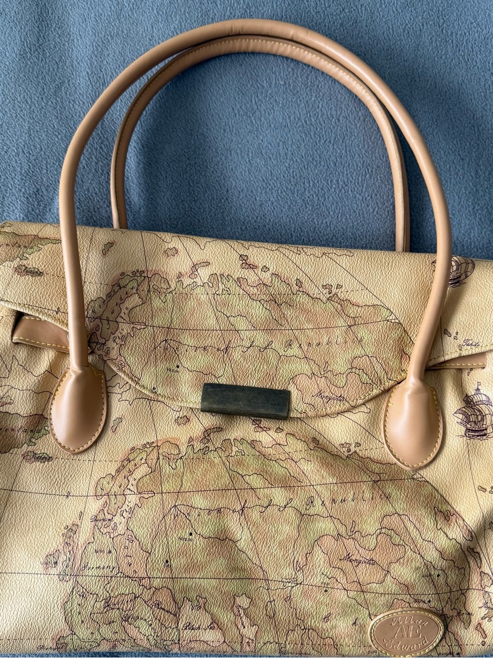 Allan Edward Vintage Map-Print Tote Bag in Beige with Tan Handles